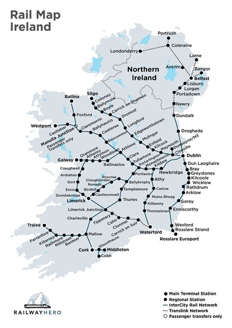 Dublin Heuston Cork, Tralee, Limerick, Galway, Westport, Ballina and Waterford. . Railway stations in northern ireland